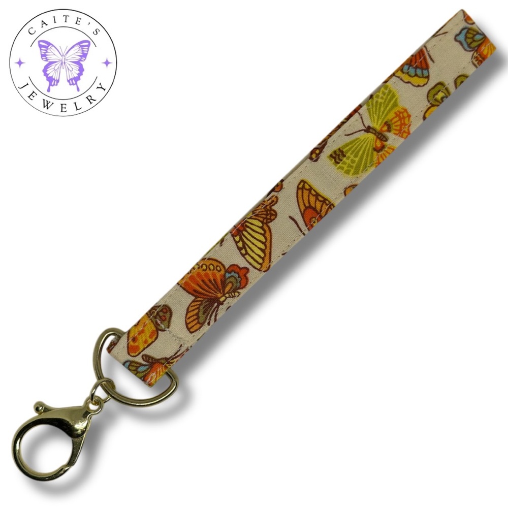 Handmade Gold Keychain with an Orange and Yellow Retro Butterfly Fabric